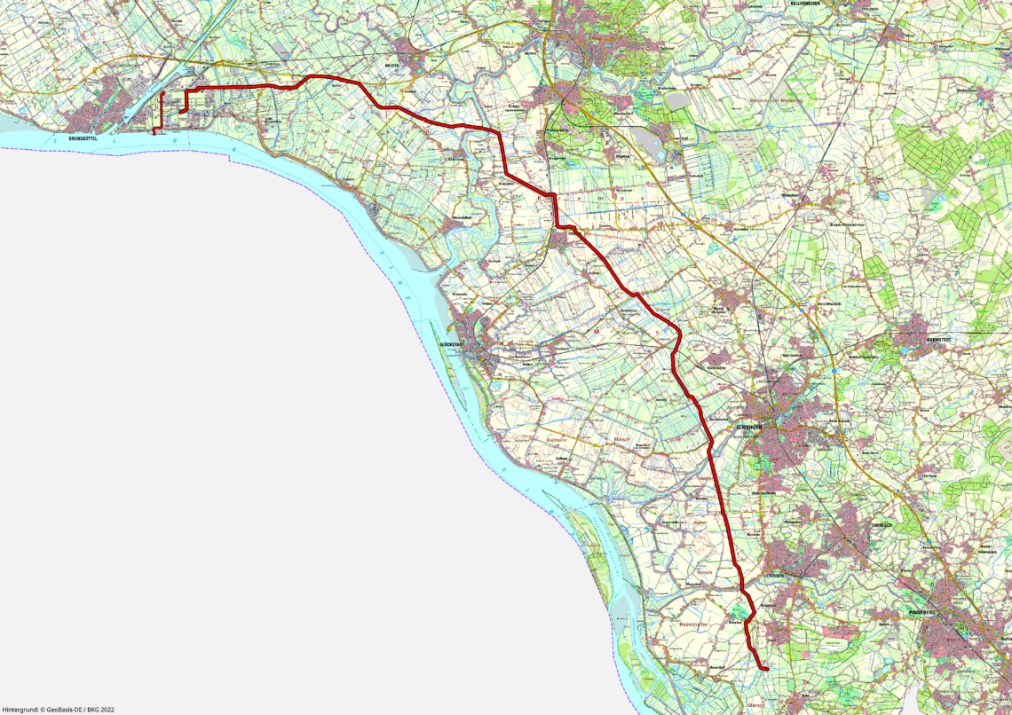 Karte mit dem geplanten Trassenverlauf von Brunsbüttel Richtung Süden